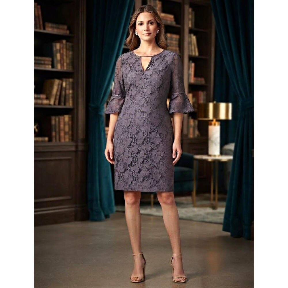 Adrianna Papell Gray Floral Lace Sheath Dress With Bell Sleeves